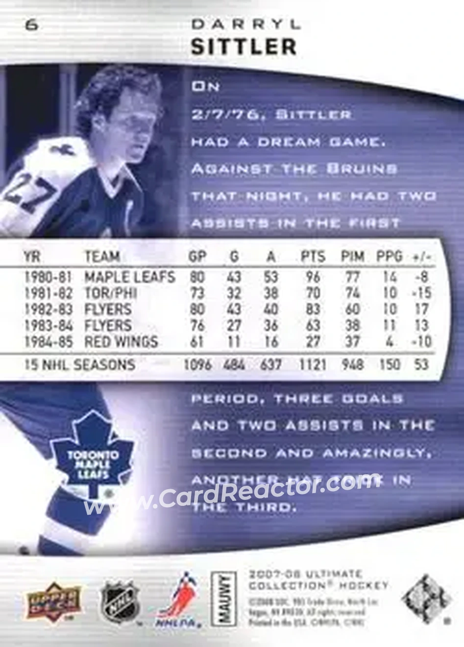 2007-08 Upper Deck Ultimate Collection #6 - Darryl Sittler - Toronto Maple Leafs - Back 2007-08 Upper Deck Ultimate Collection #6 - Darryl Sittler - Toronto Maple Leafs - Back