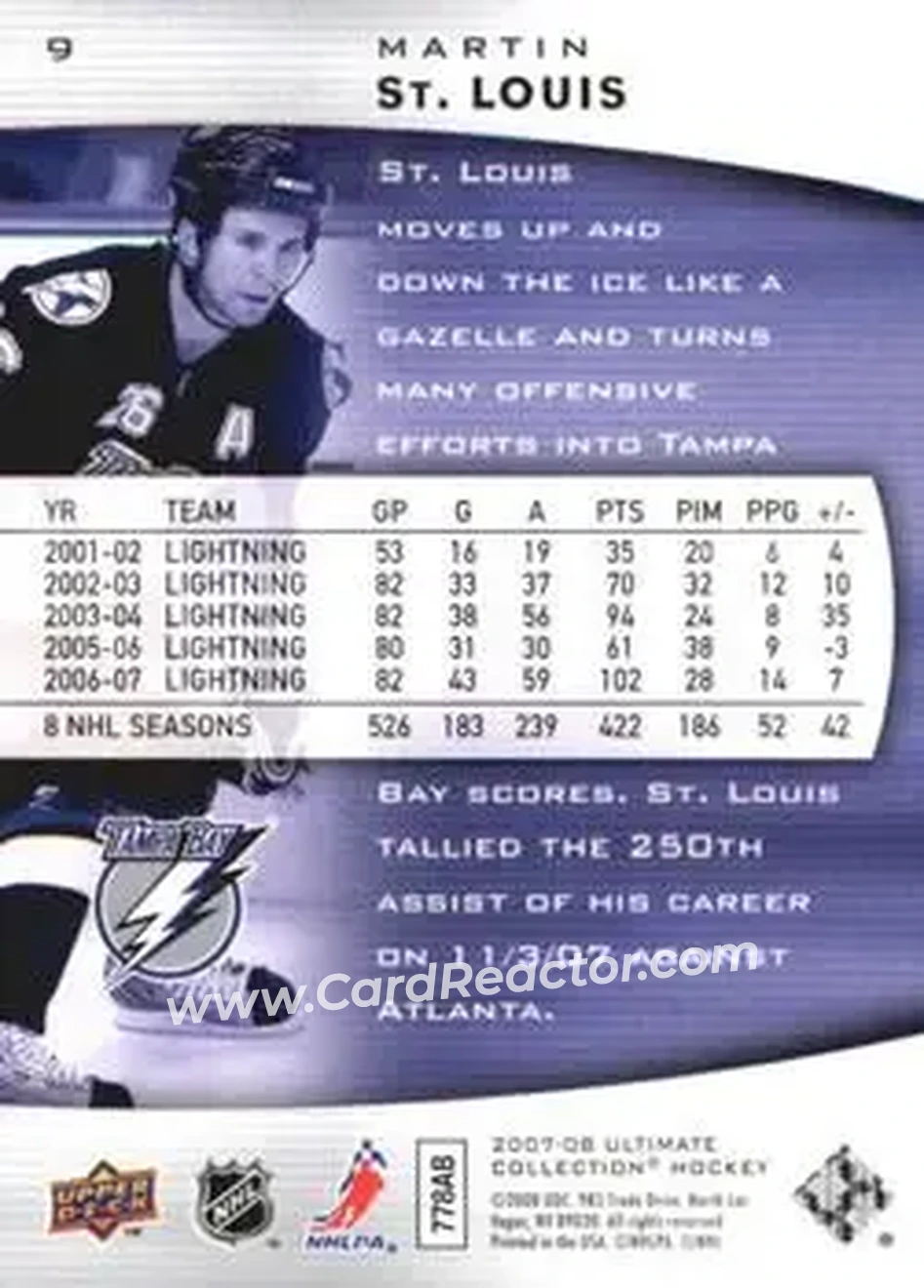 2007-08 Upper Deck Ultimate Collection #9 - Martin St. Louis - Tampa Bay Lightning - Back