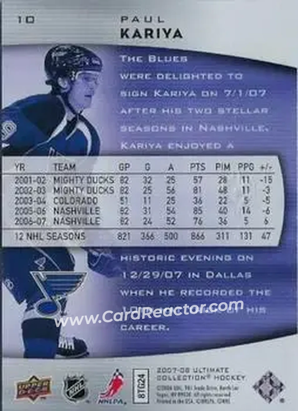 2007-08 Upper Deck Ultimate Collection #10 - Paul Kariya - St. Louis Blues - Back