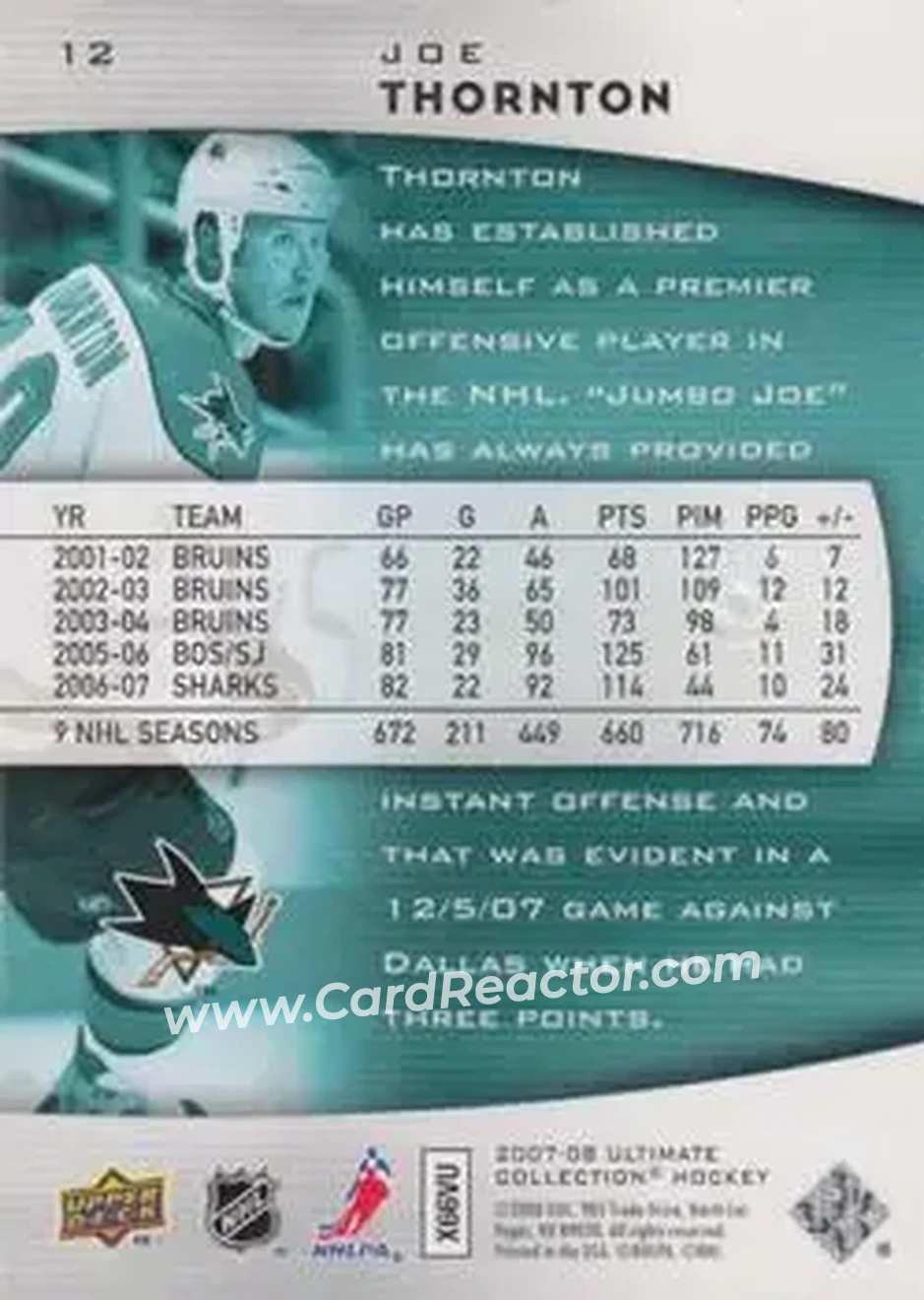 2007-08 Upper Deck Ultimate Collection #12 - Joe Thornton - San Jose Sharks - Back 2007-08 Upper Deck Ultimate Collection #12 - Joe Thornton - San Jose Sharks - Back