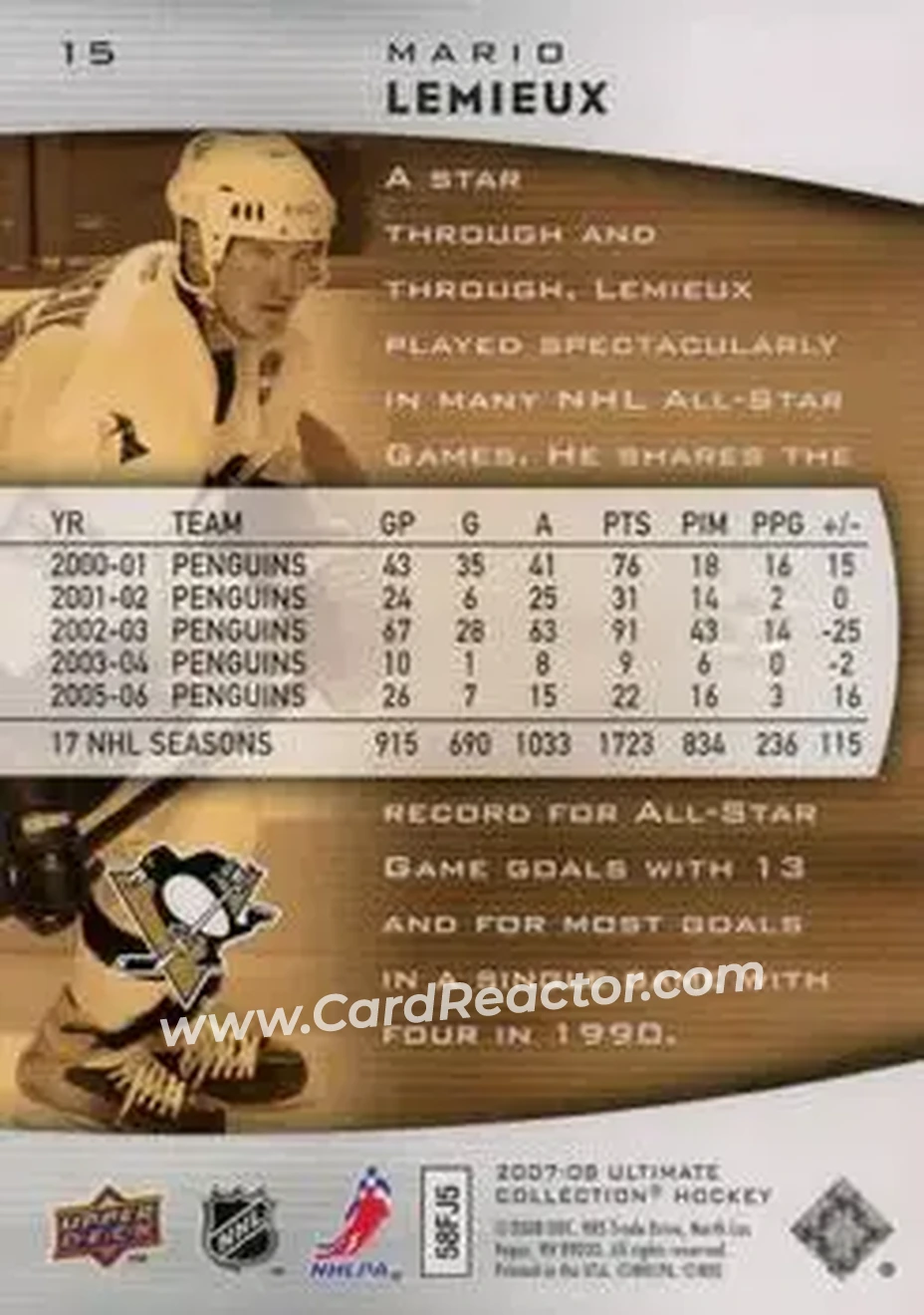 2007-08 Upper Deck Ultimate Collection #15 - Mario Lemieux - Pittsburgh Penguins - Back