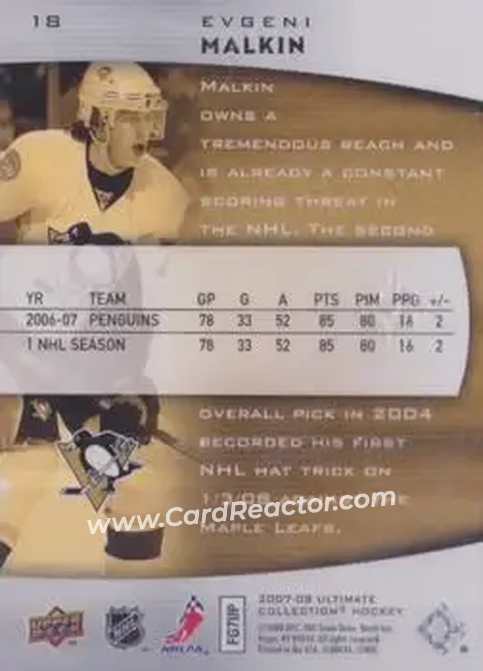 2007-08 Upper Deck Ultimate Collection #18 - Evgeni Malkin - Pittsburgh Penguins - Back