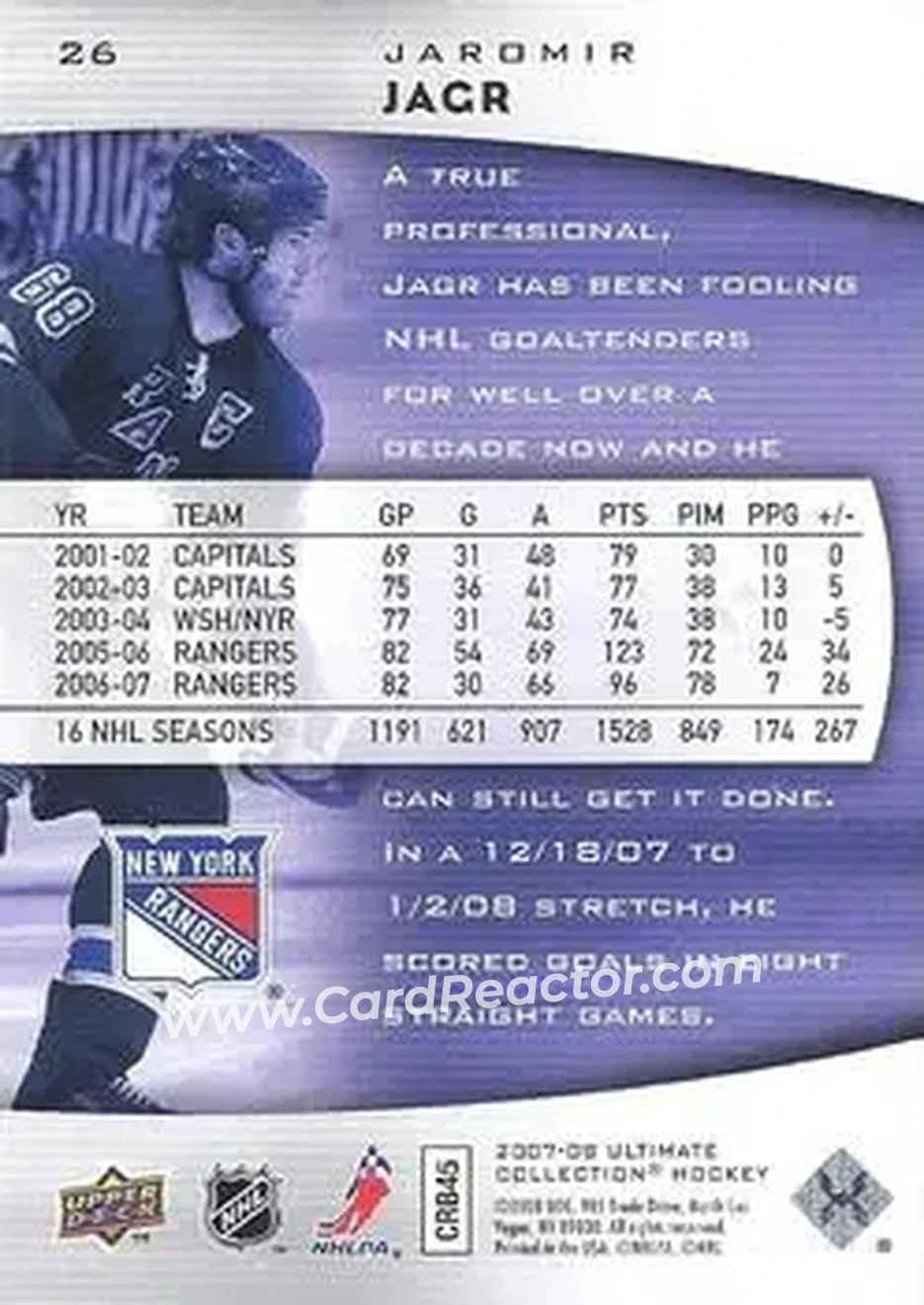 2007-08 Upper Deck Ultimate Collection #26 - Jaromir Jagr - New York Rangers - Back