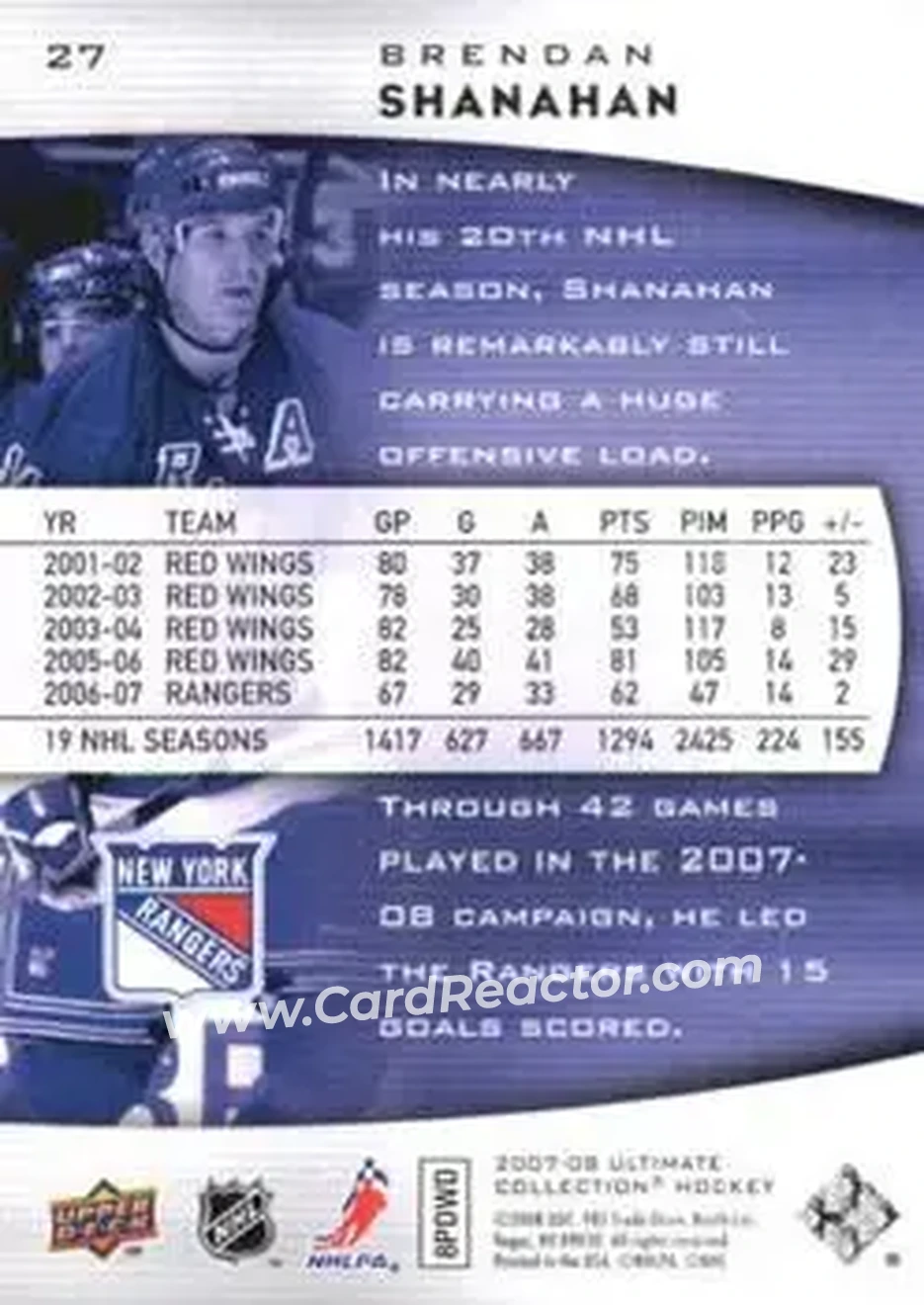 2007-08 Upper Deck Ultimate Collection #27 - Brendan Shanahan - New York Rangers - Back