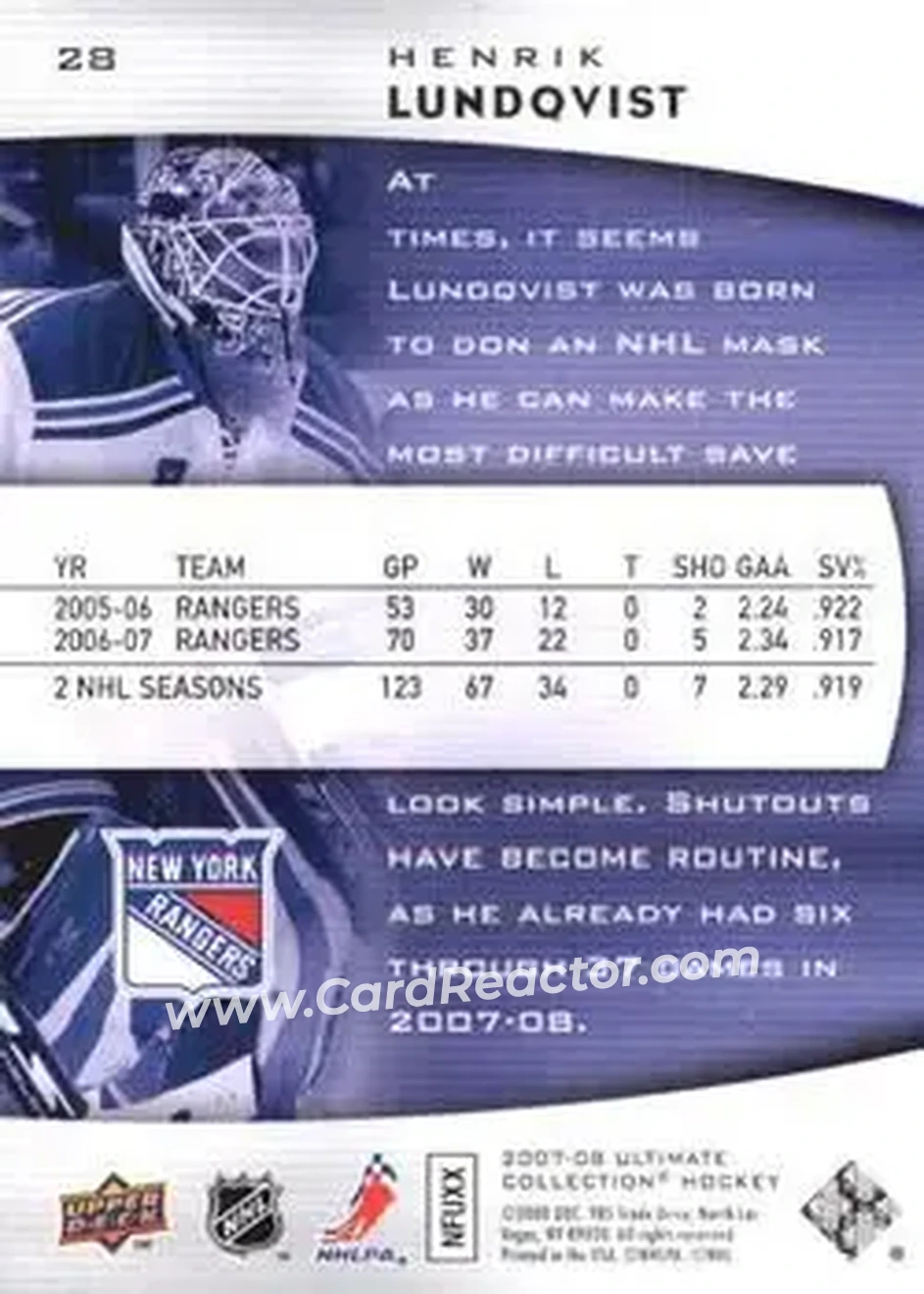 2007-08 Upper Deck Ultimate Collection #28 - Henrik Lundqvist - New York Rangers - Back