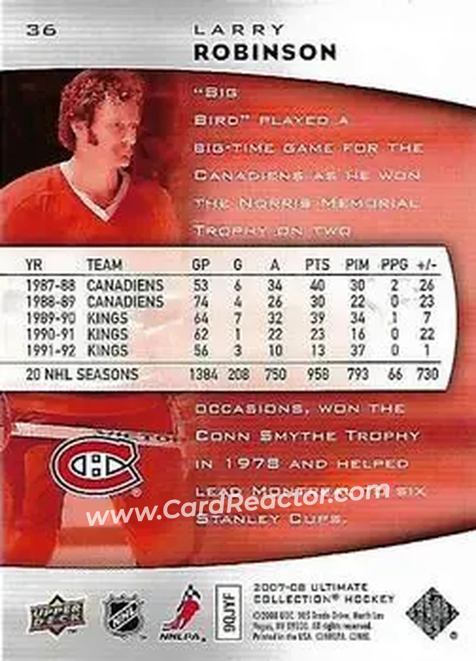 2007-08 Upper Deck Ultimate Collection #36 - Larry Robinson - Montreal Canadiens - Back
