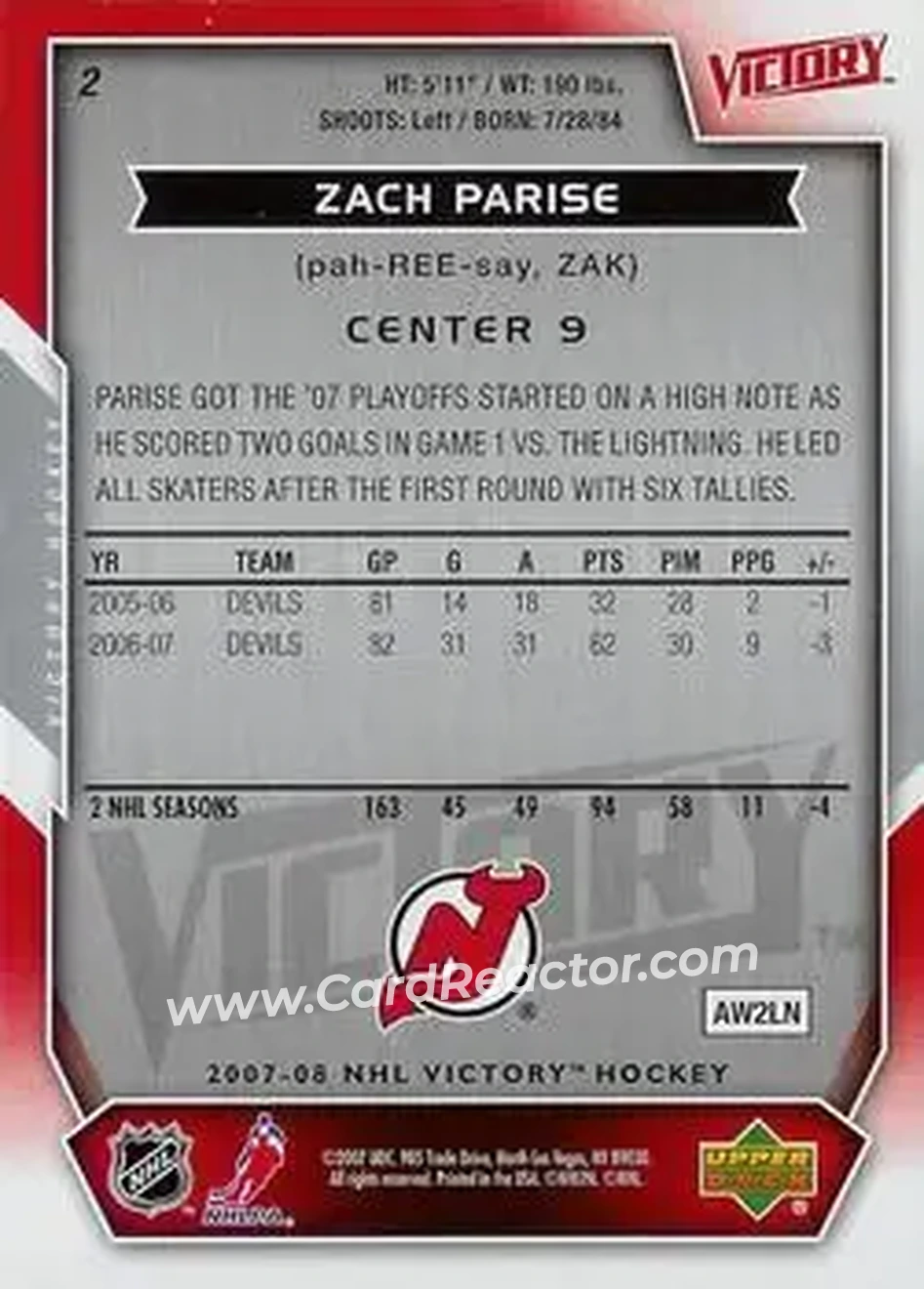 2007-08 Upper Deck Victory #2 - Zach Parise - New Jersey Devils - Back