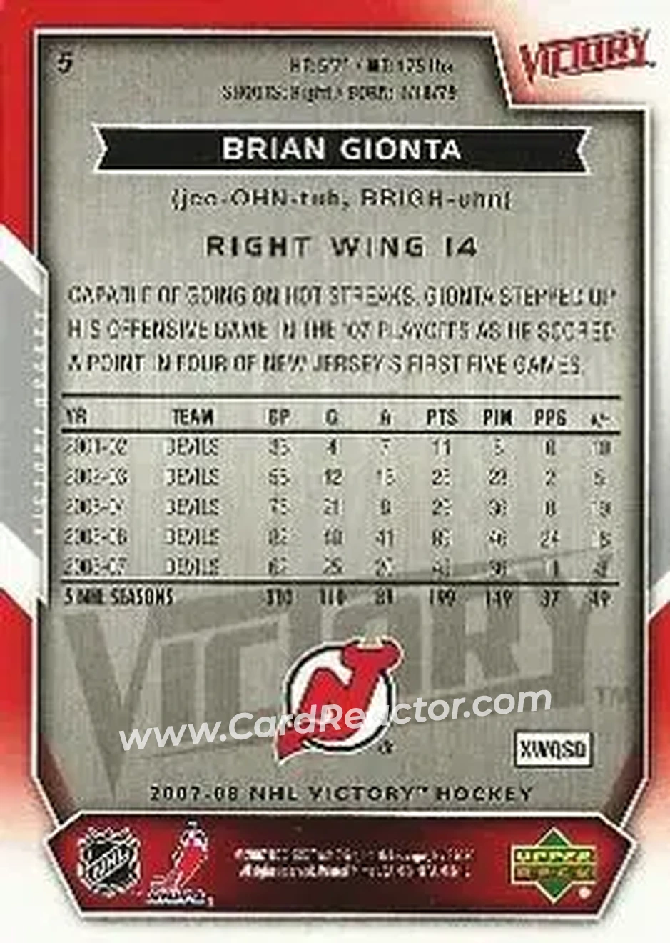 2007-08 Upper Deck Victory #5 - Brian Gionta - New Jersey Devils - Back