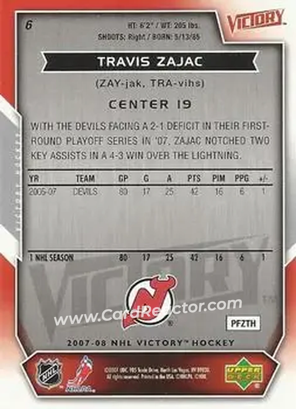 2007-08 Upper Deck Victory #6 - Travis Zajac - New Jersey Devils - Back