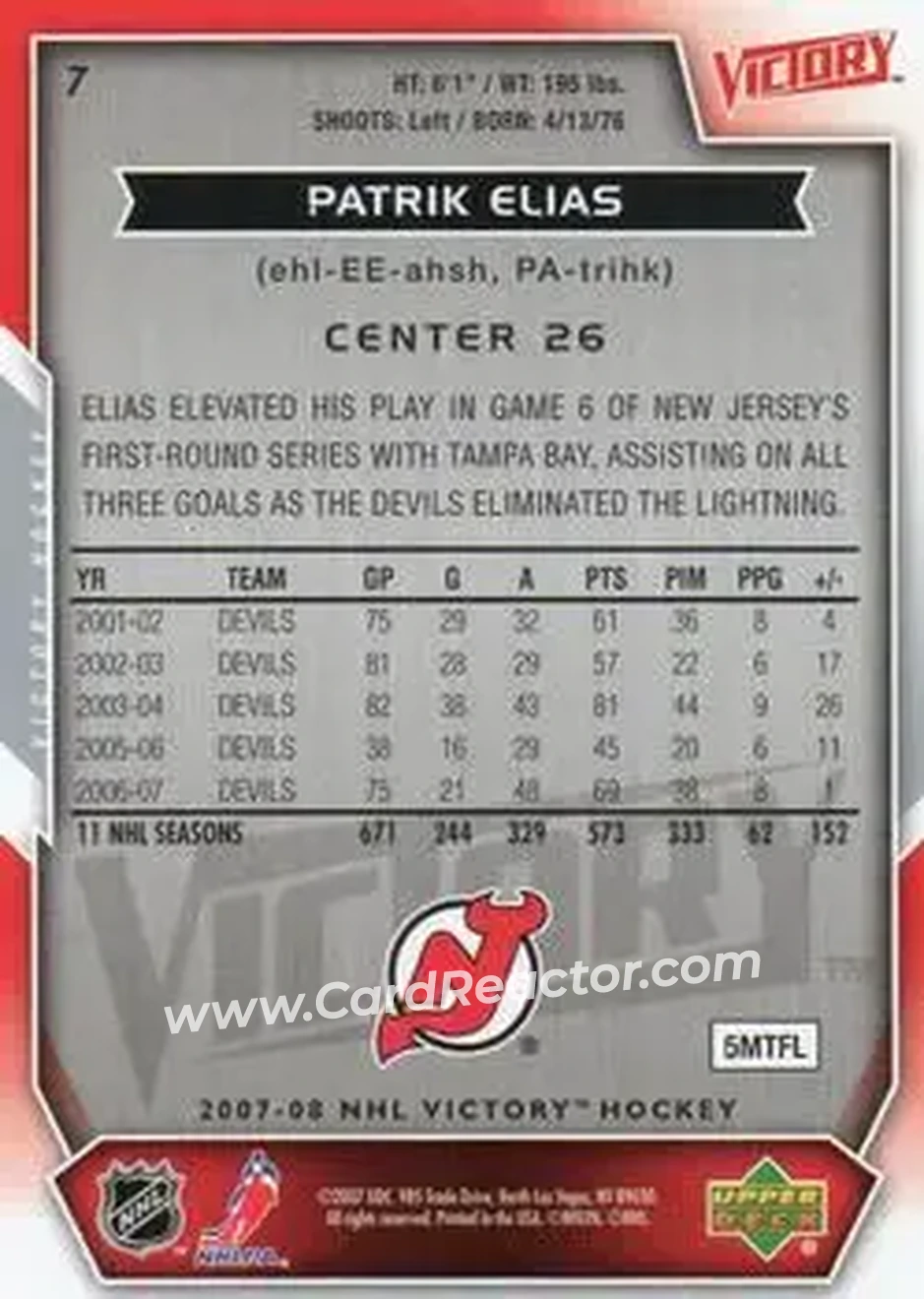 2007-08 Upper Deck Victory #7 - Patrik Elias - New Jersey Devils - Back