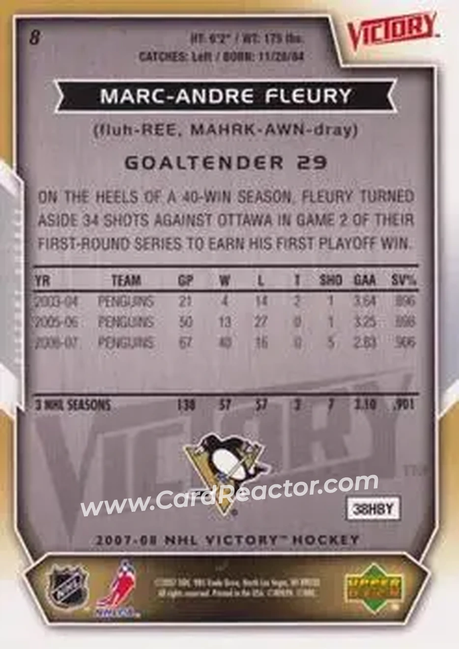 2007-08 Upper Deck Victory #8 - Marc-Andre Fleury - Pittsburgh Penguins - Back