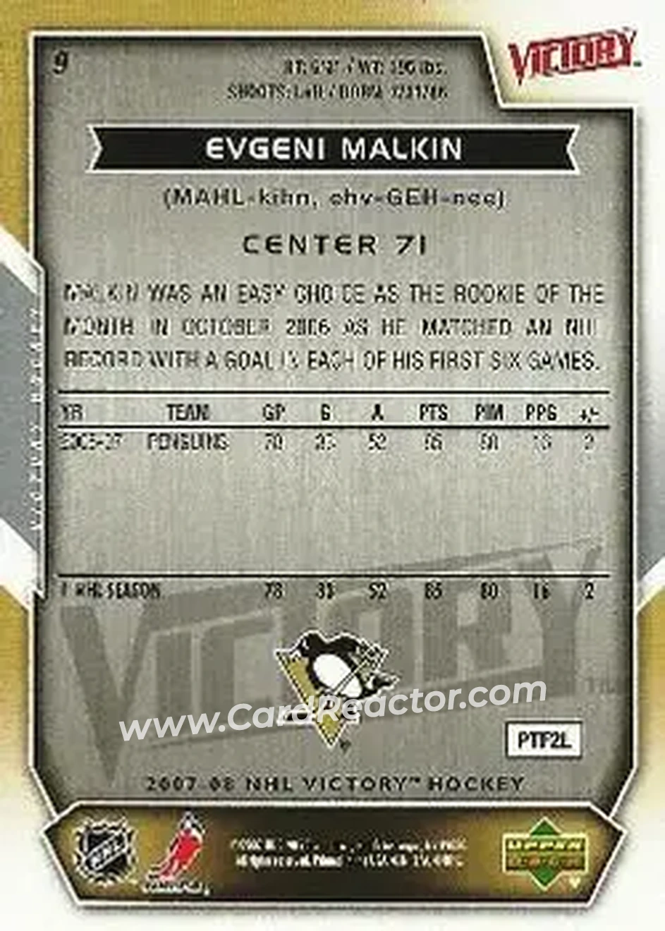 2007-08 Upper Deck Victory #9 - Evgeni Malkin - Pittsburgh Penguins - Back 2007-08 Upper Deck Victory #9 - Evgeni Malkin - Pittsburgh Penguins - Back