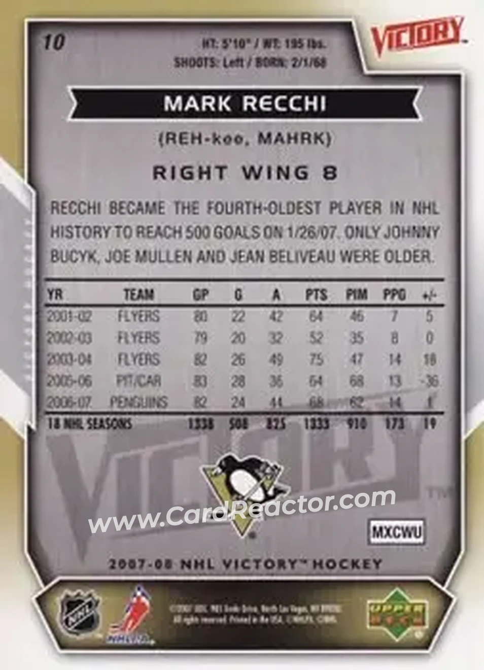 2007-08 Upper Deck Victory #10 - Mark Recchi - Pittsburgh Penguins - Back 2007-08 Upper Deck Victory #10 - Mark Recchi - Pittsburgh Penguins - Back