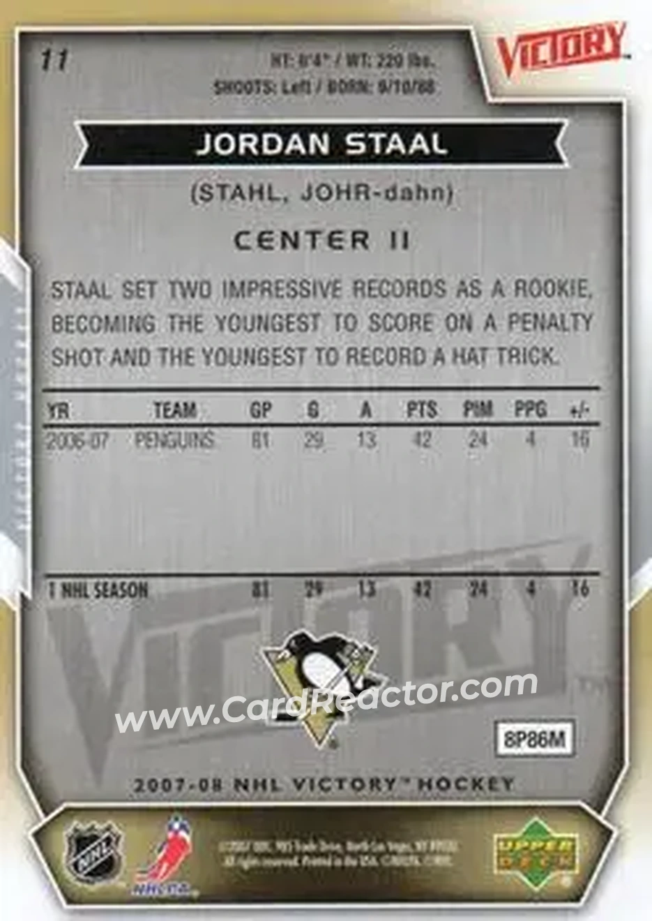 2007-08 Upper Deck Victory #11 - Jordan Staal - Pittsburgh Penguins - Back 2007-08 Upper Deck Victory #11 - Jordan Staal - Pittsburgh Penguins - Back