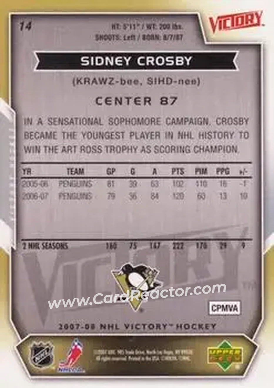 2007-08 Upper Deck Victory #14 - Sidney Crosby - Pittsburgh Penguins - Back