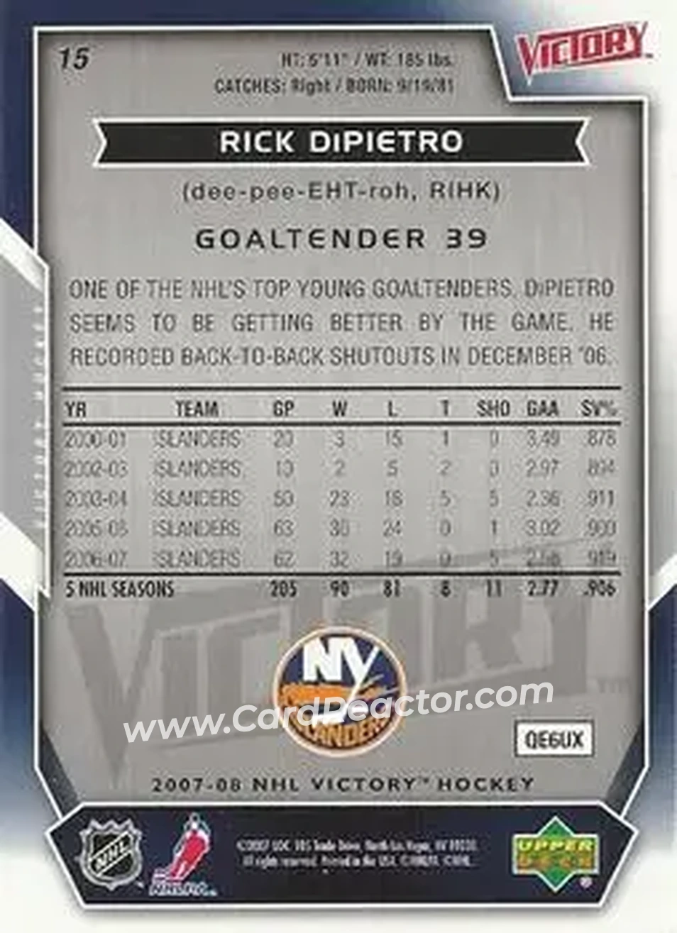 2007-08 Upper Deck Victory #15 - Rick DiPietro - New York Islanders - Back