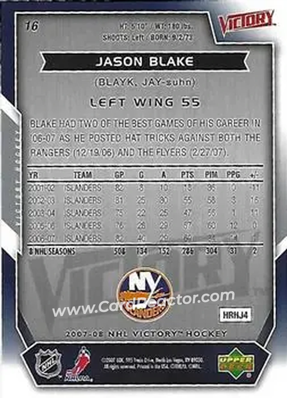 2007-08 Upper Deck Victory #16 - Jason Blake - New York Islanders - Back