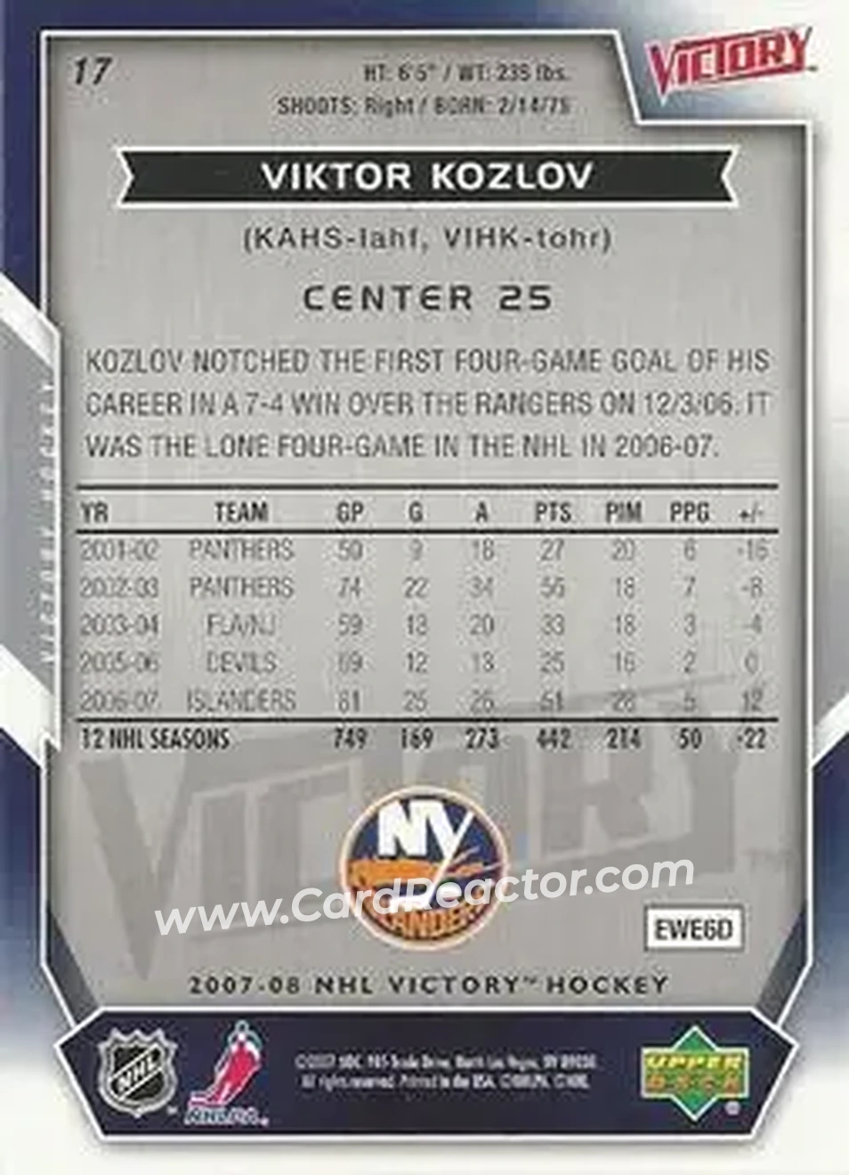 2007-08 Upper Deck Victory #17 - Viktor Kozlov - New York Islanders - Back