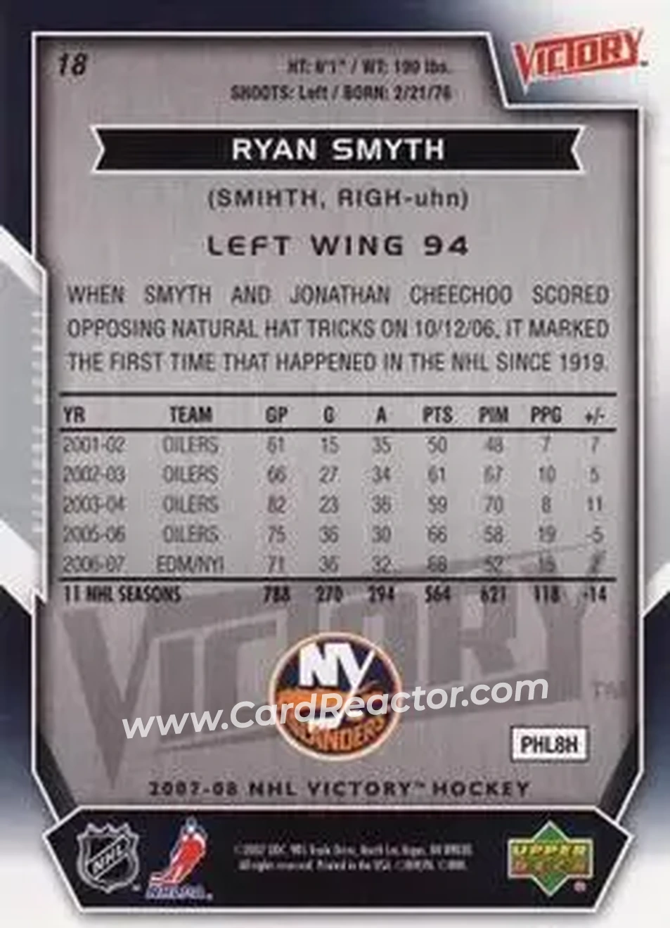 2007-08 Upper Deck Victory #18 - Ryan Smyth - New York Islanders - Back