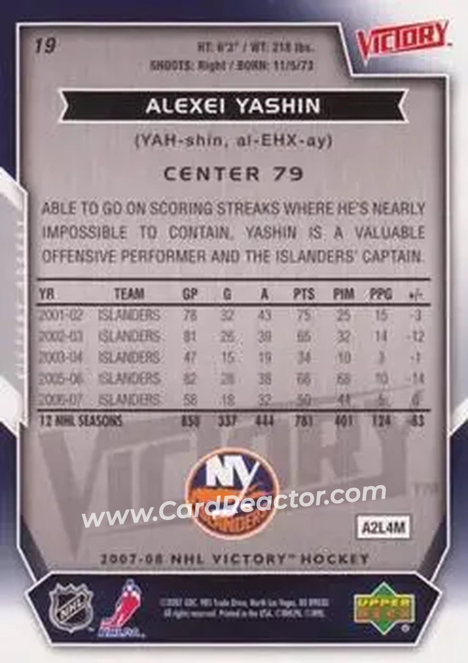 2007-08 Upper Deck Victory #19 - Alexei Yashin - New York Islanders - Back