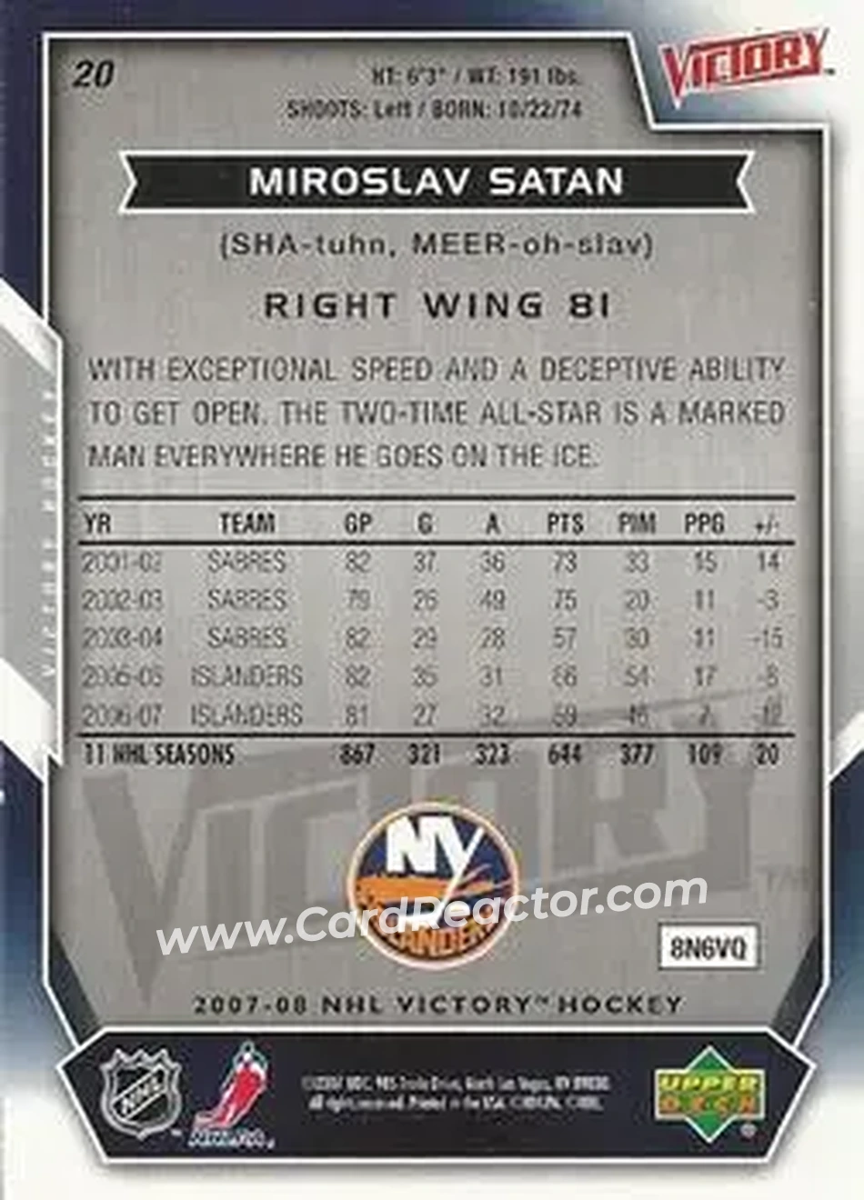 2007-08 Upper Deck Victory #20 - Miroslav Satan - New York Islanders - Back