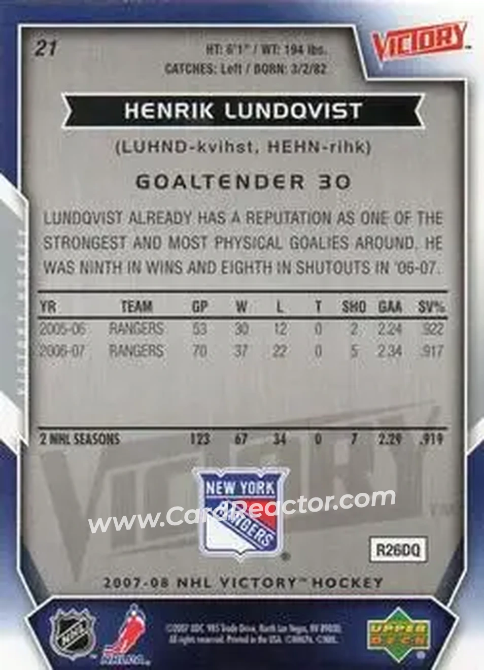 2007-08 Upper Deck Victory #21 - Henrik Lundqvist - New York Rangers - Back 2007-08 Upper Deck Victory #21 - Henrik Lundqvist - New York Rangers - Back
