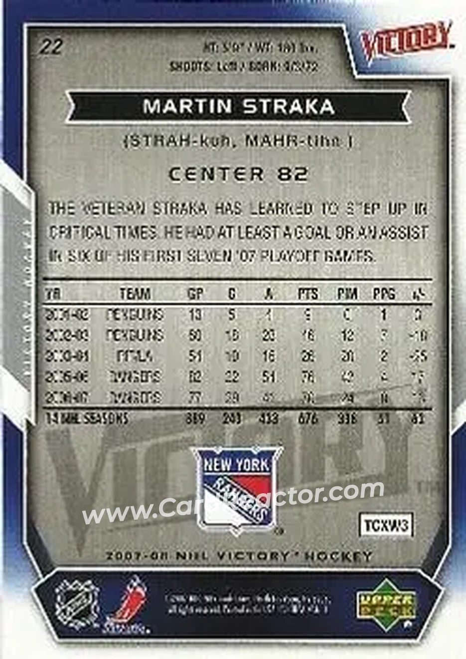 2007-08 Upper Deck Victory #22 - Martin Straka - New York Rangers - Back
