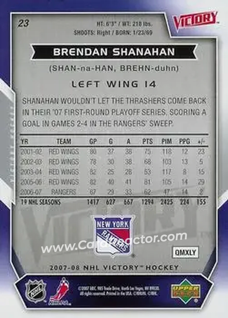 2007-08 Upper Deck Victory #23 - Brendan Shanahan - New York Rangers - Back