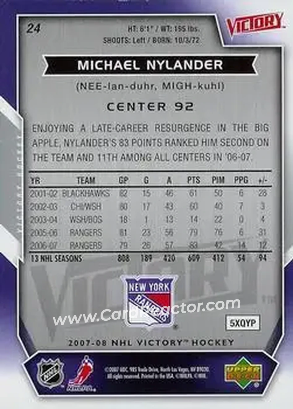 2007-08 Upper Deck Victory #24 - Michael Nylander - New York Rangers - Back 2007-08 Upper Deck Victory #24 - Michael Nylander - New York Rangers - Back