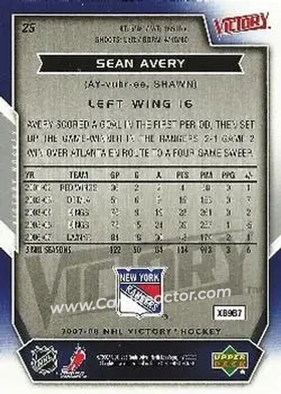 2007-08 Upper Deck Victory #25 - Sean Avery - New York Rangers - Back