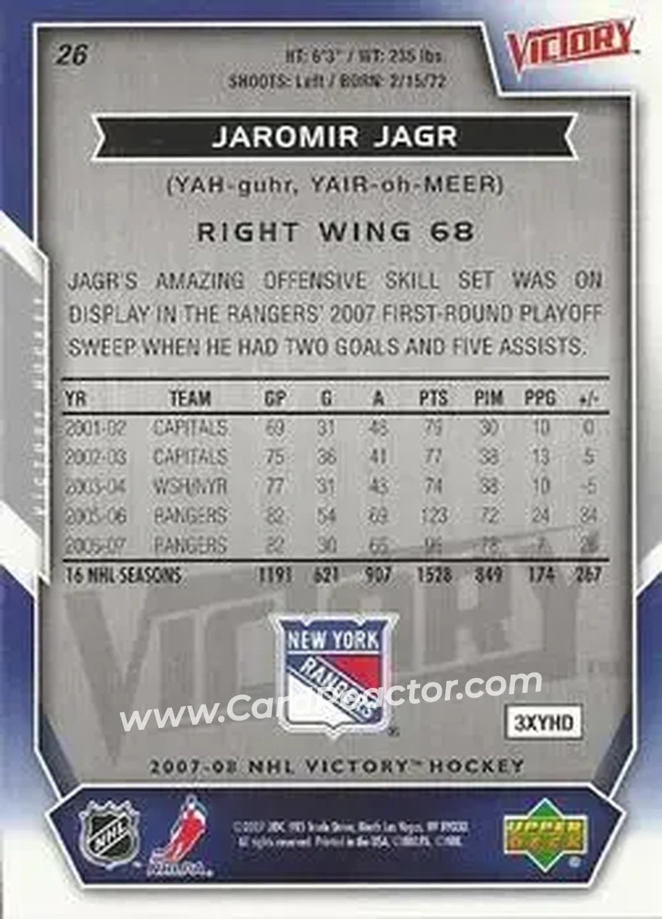 2007-08 Upper Deck Victory #26 - Jaromir Jagr - New York Rangers - Back