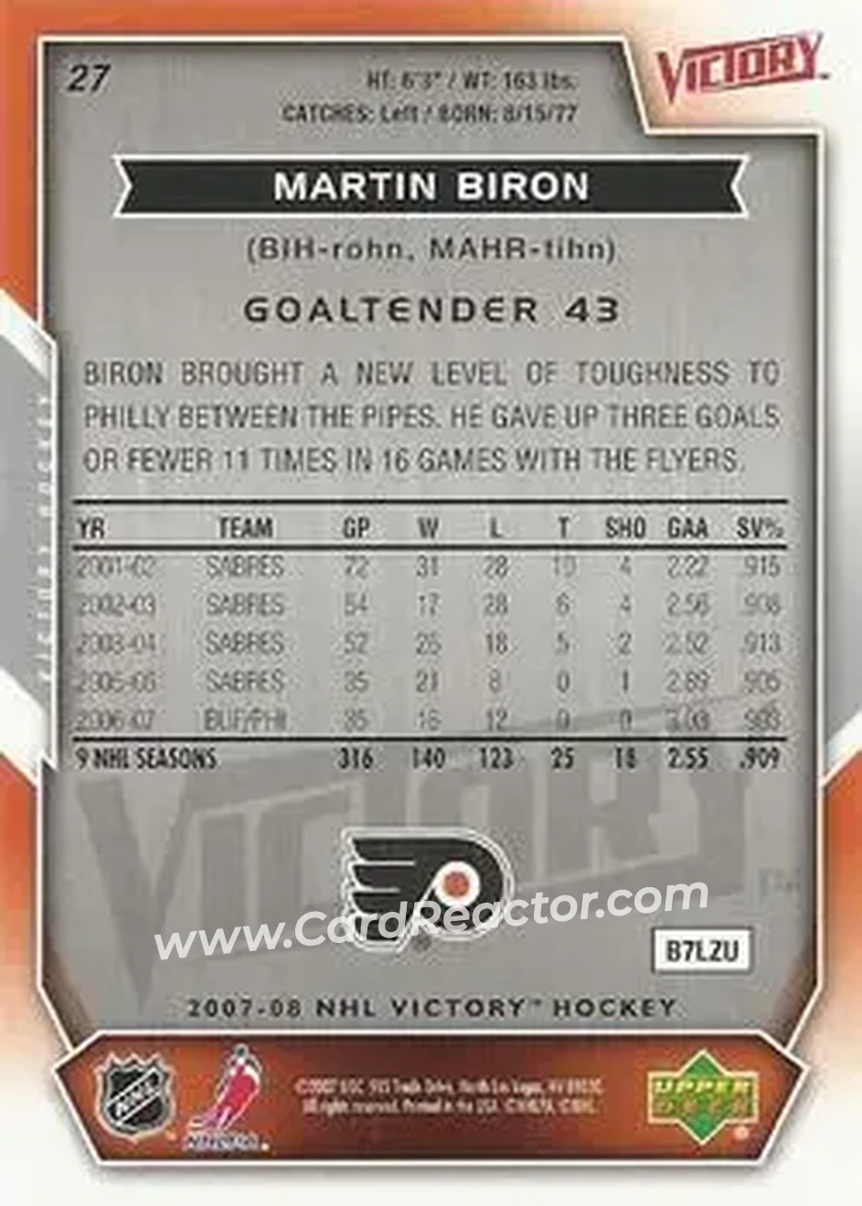 2007-08 Upper Deck Victory #27 - Martin Biron - Philadelphia Flyers - Back