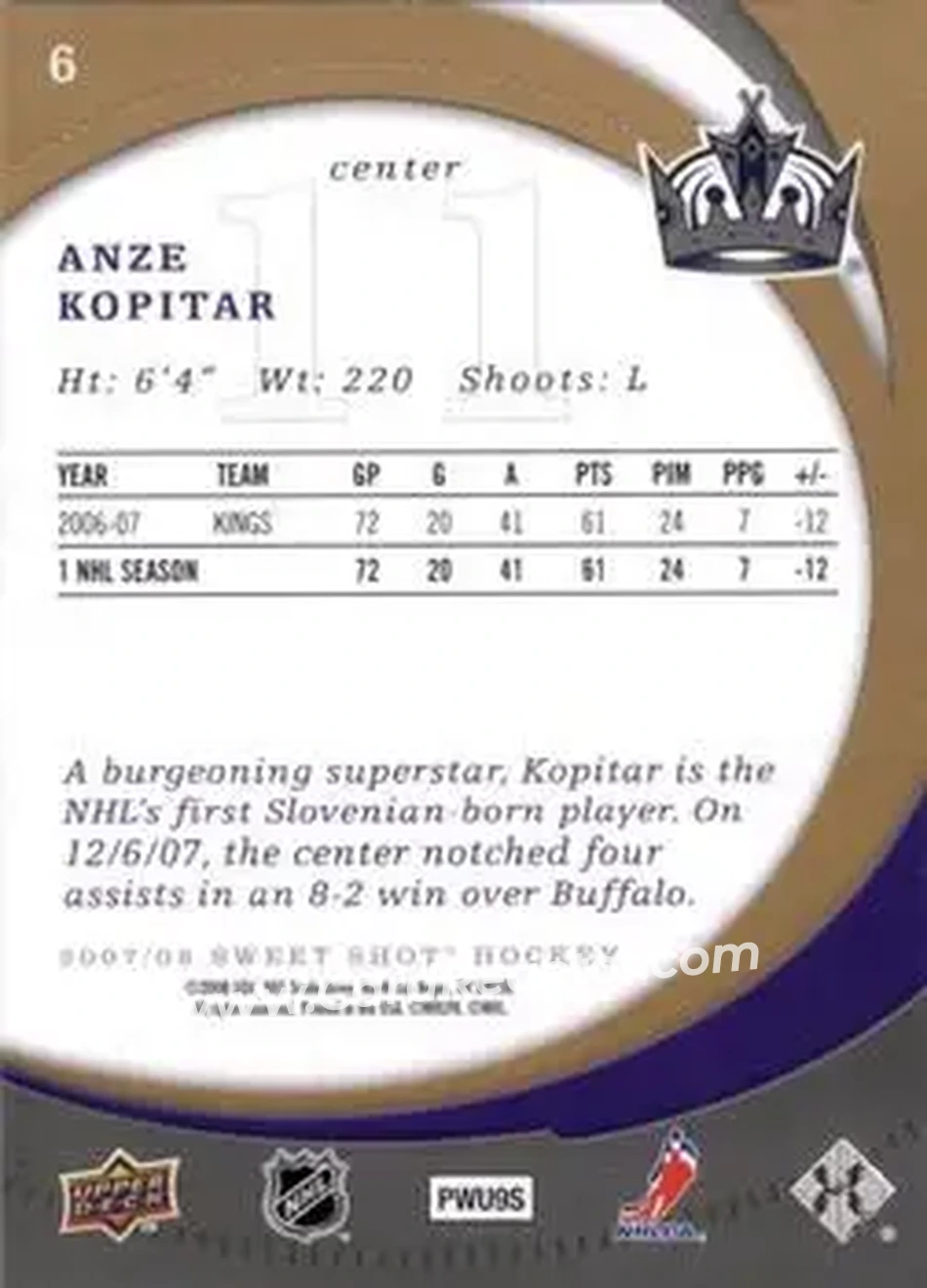 2007-08 Upper Deck Sweet Shot #6 - Anze Kopitar - Los Angeles Kings - Back