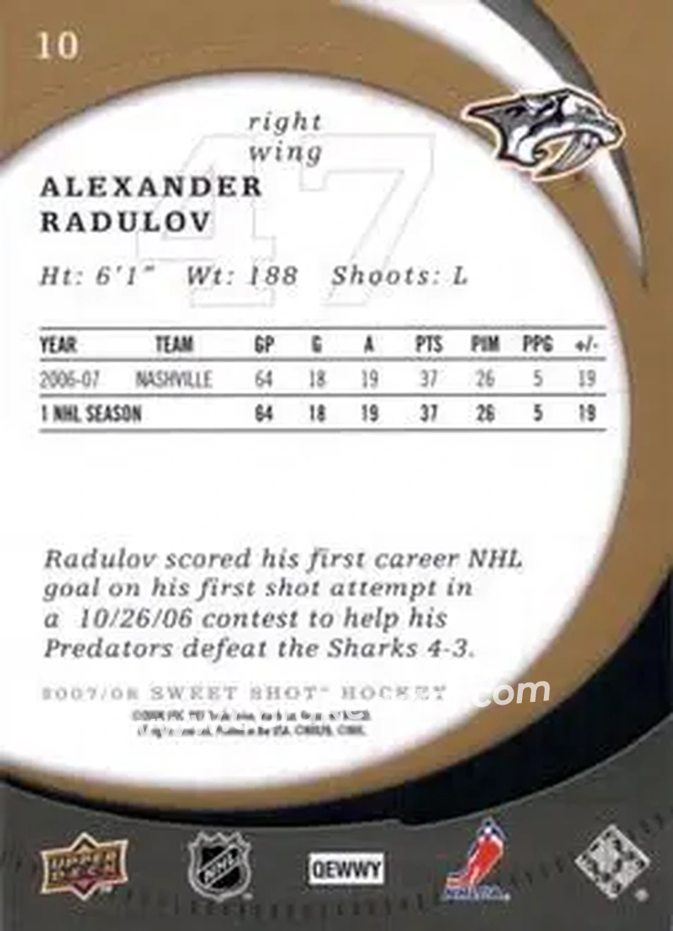 2007-08 Upper Deck Sweet Shot #10 - Alexander Radulov - Nashville Predators - Back 2007-08 Upper Deck Sweet Shot #10 - Alexander Radulov - Nashville Predators - Back
