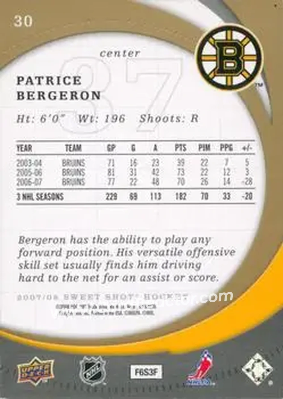 2007-08 Upper Deck Sweet Shot #30 - Patrice Bergeron - Boston Bruins - Back