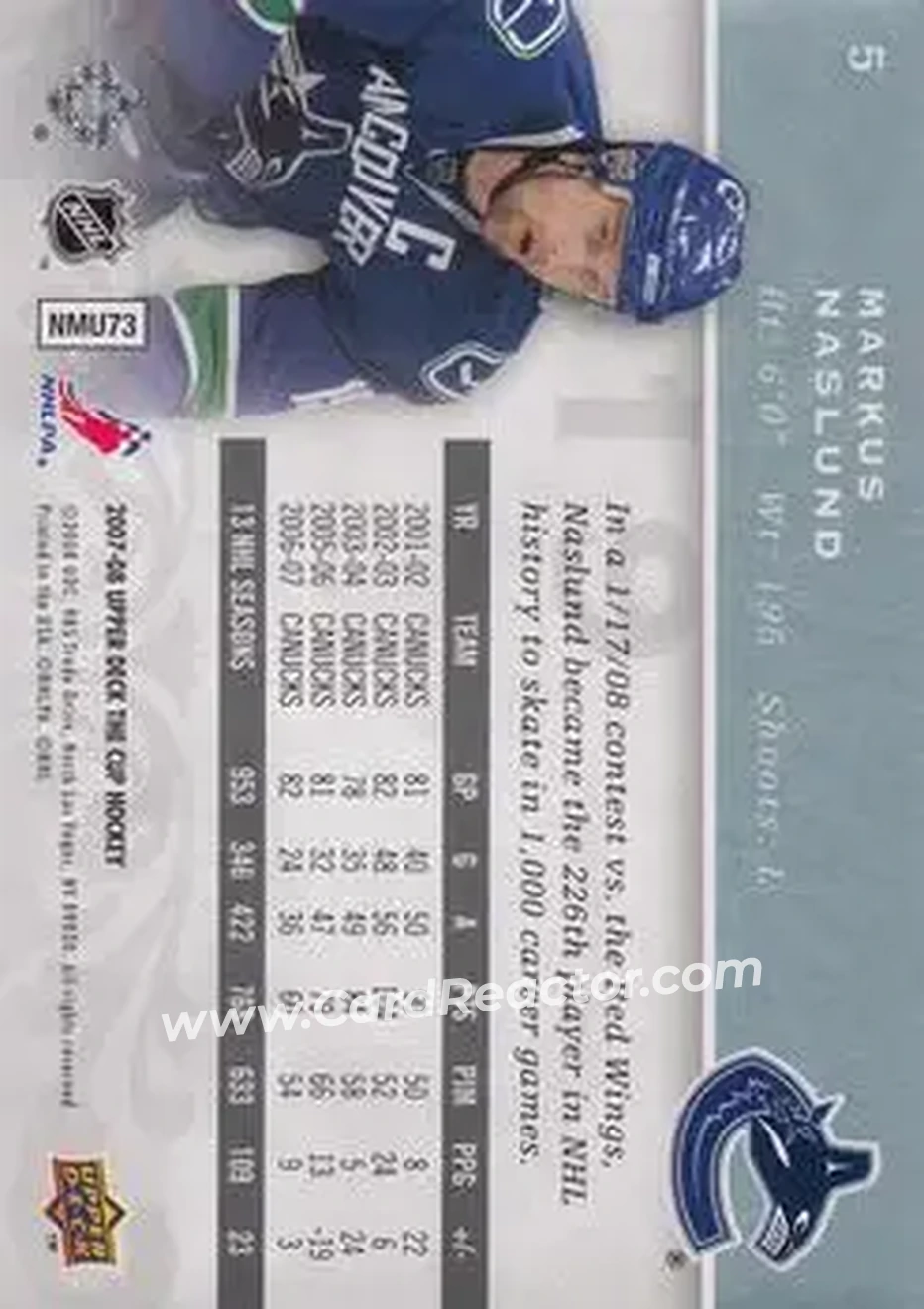 2007-08 Upper Deck The Cup #5 - Markus Naslund - Vancouver Canucks - Back