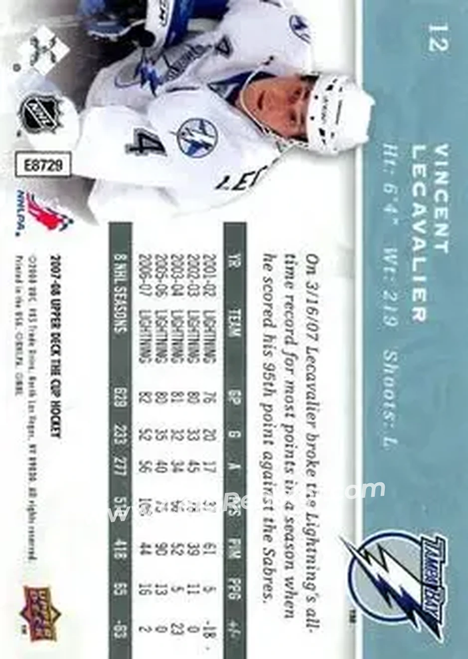 2007-08 Upper Deck The Cup #12 - Vincent Lecavalier - Tampa Bay Lightning - Back