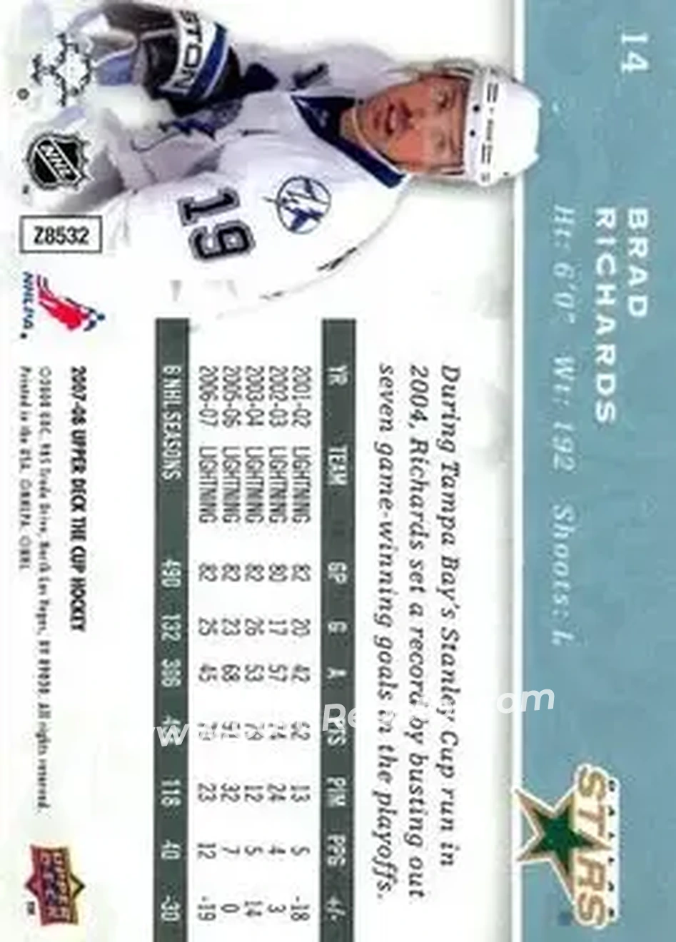 2007-08 Upper Deck The Cup #14 - Brad Richards - Tampa Bay Lightning - Back