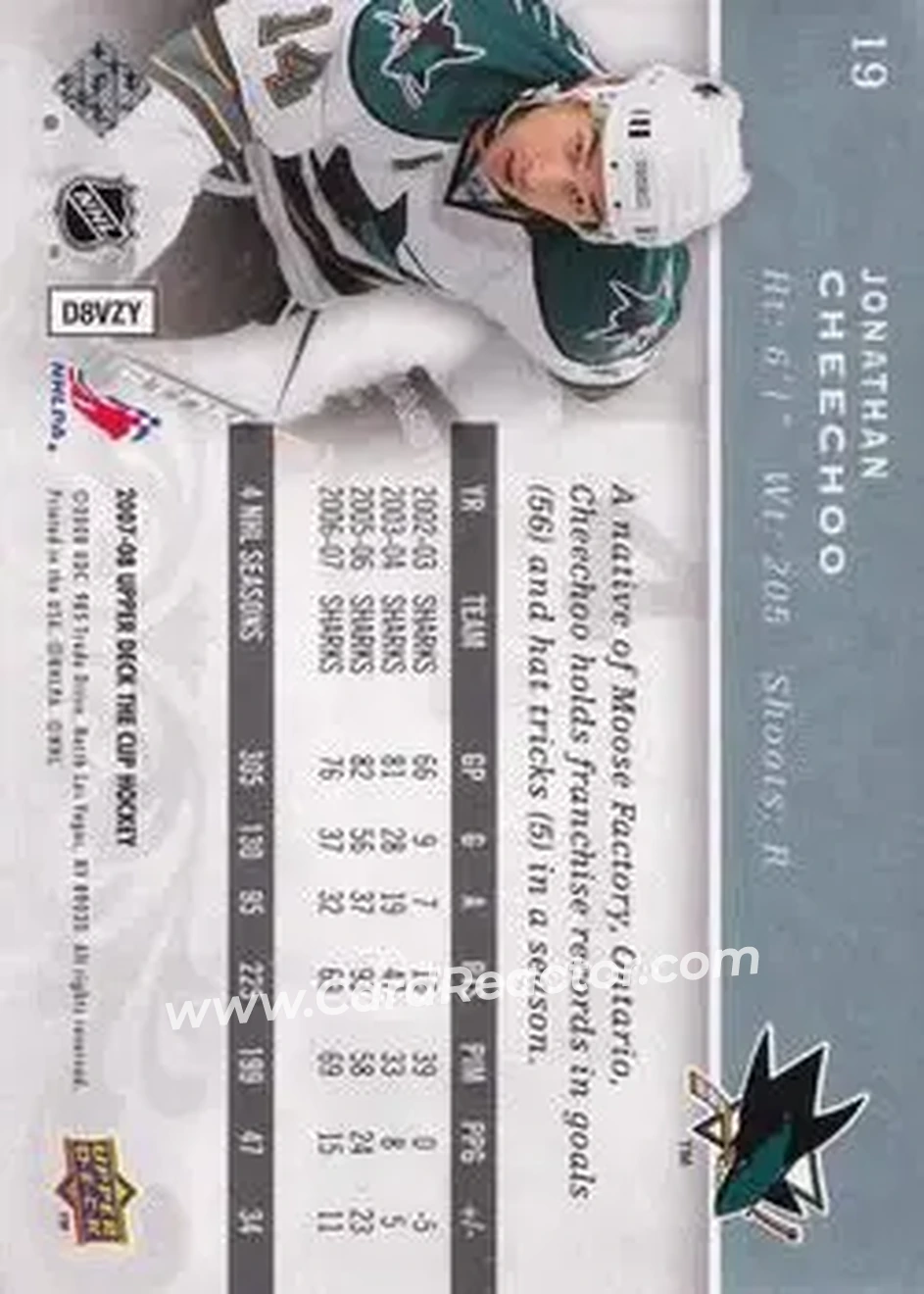 2007-08 Upper Deck The Cup #19 - Jonathan Cheechoo - San Jose Sharks - Back