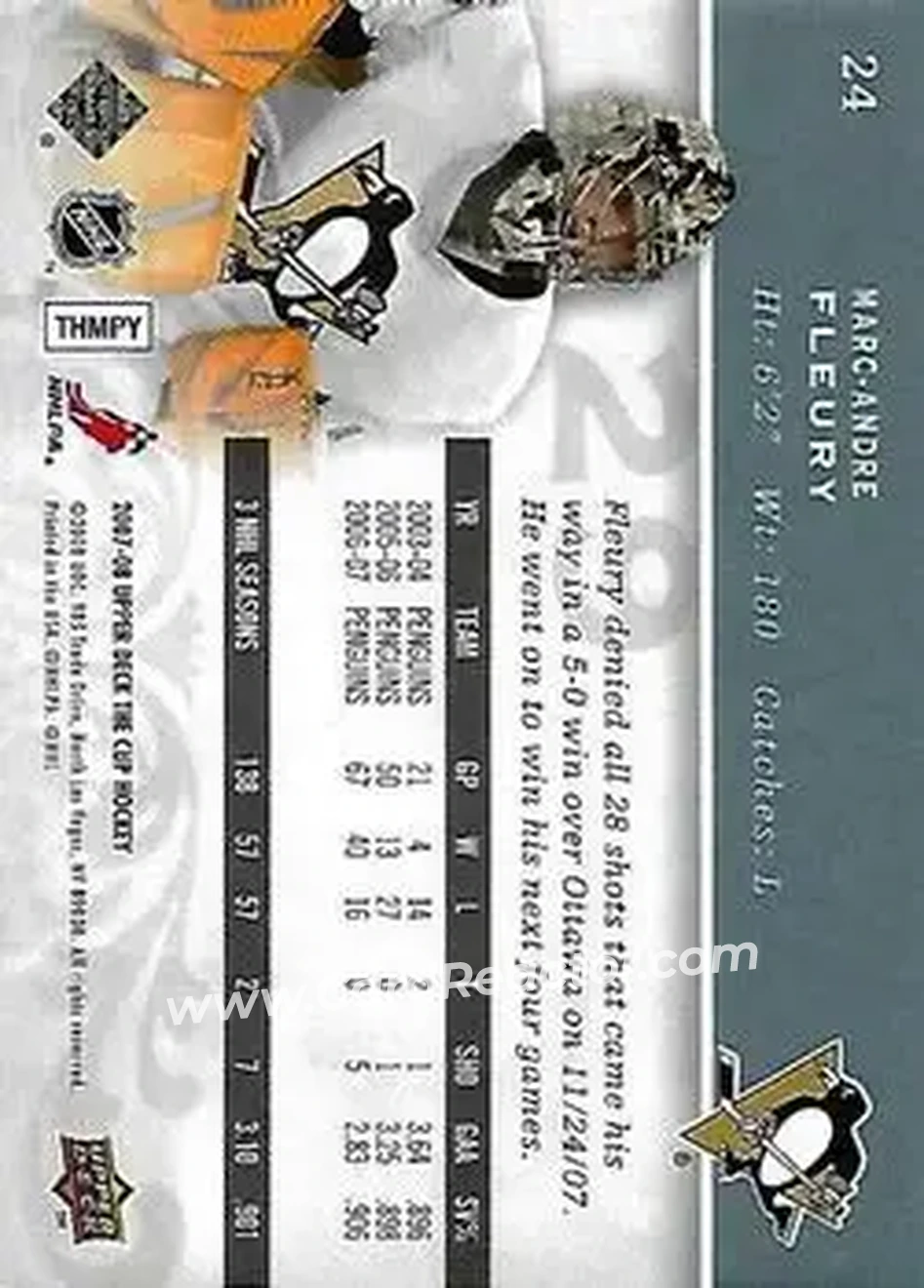 2007-08 Upper Deck The Cup #24 - Marc-Andre Fleury - Pittsburgh Penguins - Back