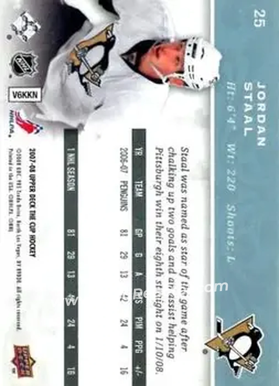 2007-08 Upper Deck The Cup #25 - Jordan Staal - Pittsburgh Penguins - Back