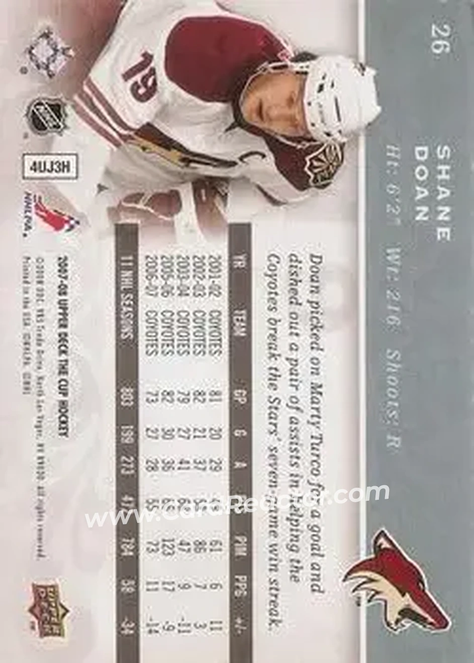 2007-08 Upper Deck The Cup #26 - Shane Doan - Phoenix Coyotes - Back