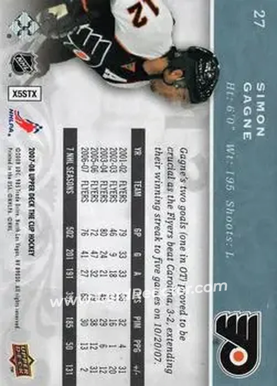 2007-08 Upper Deck The Cup #27 - Simon Gagne - Philadelphia Flyers - Back 2007-08 Upper Deck The Cup #27 - Simon Gagne - Philadelphia Flyers - Back