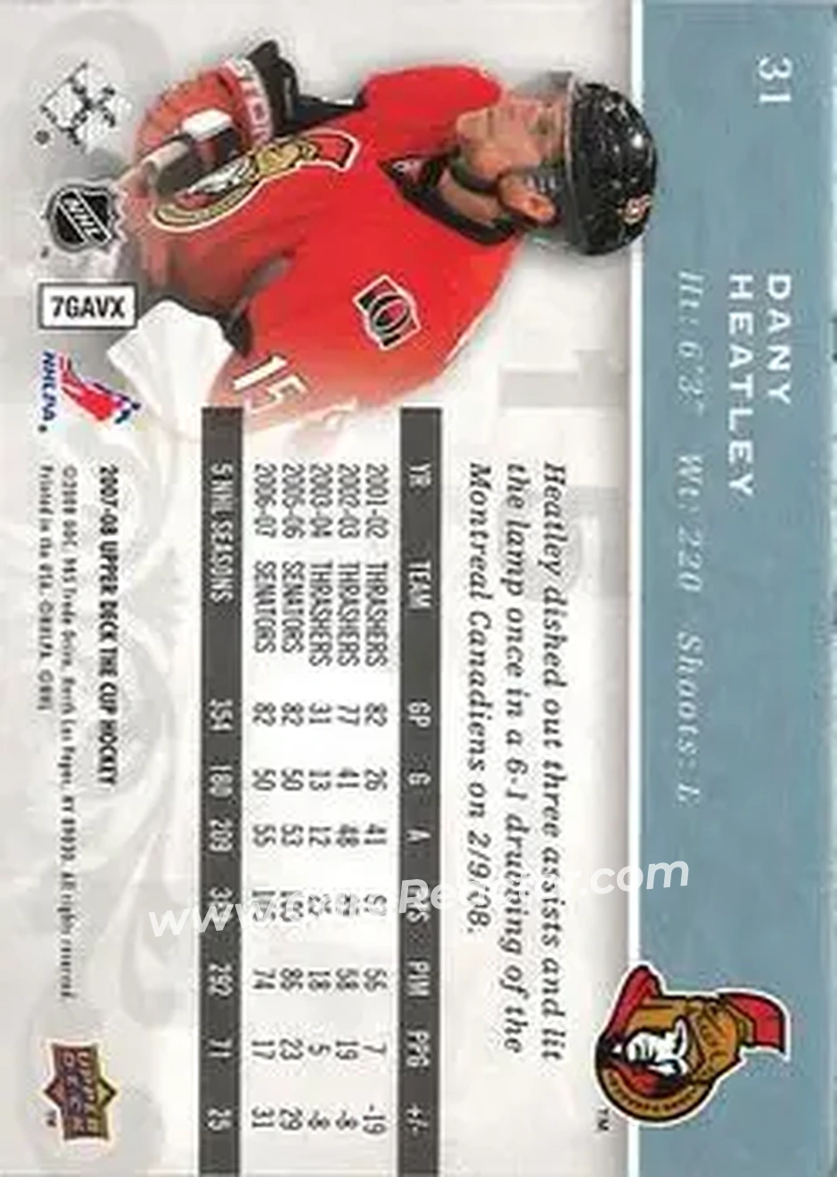 2007-08 Upper Deck The Cup #31 - Dany Heatley - Ottawa Senators - Back