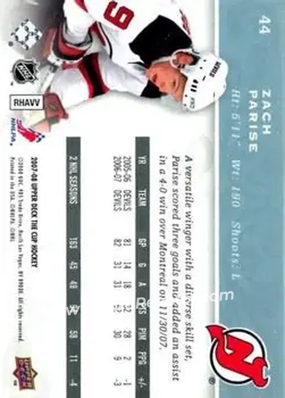 2007-08 Upper Deck The Cup #44 - Zach Parise - New Jersey Devils - Back