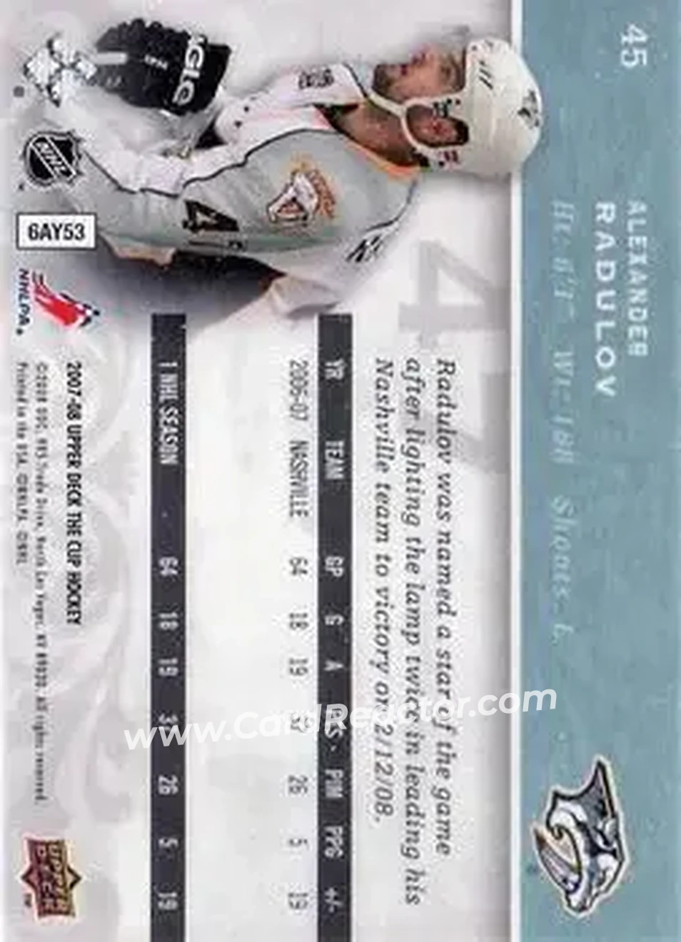 2007-08 Upper Deck The Cup #45 - Alexander Radulov - Nashville Predators - Back