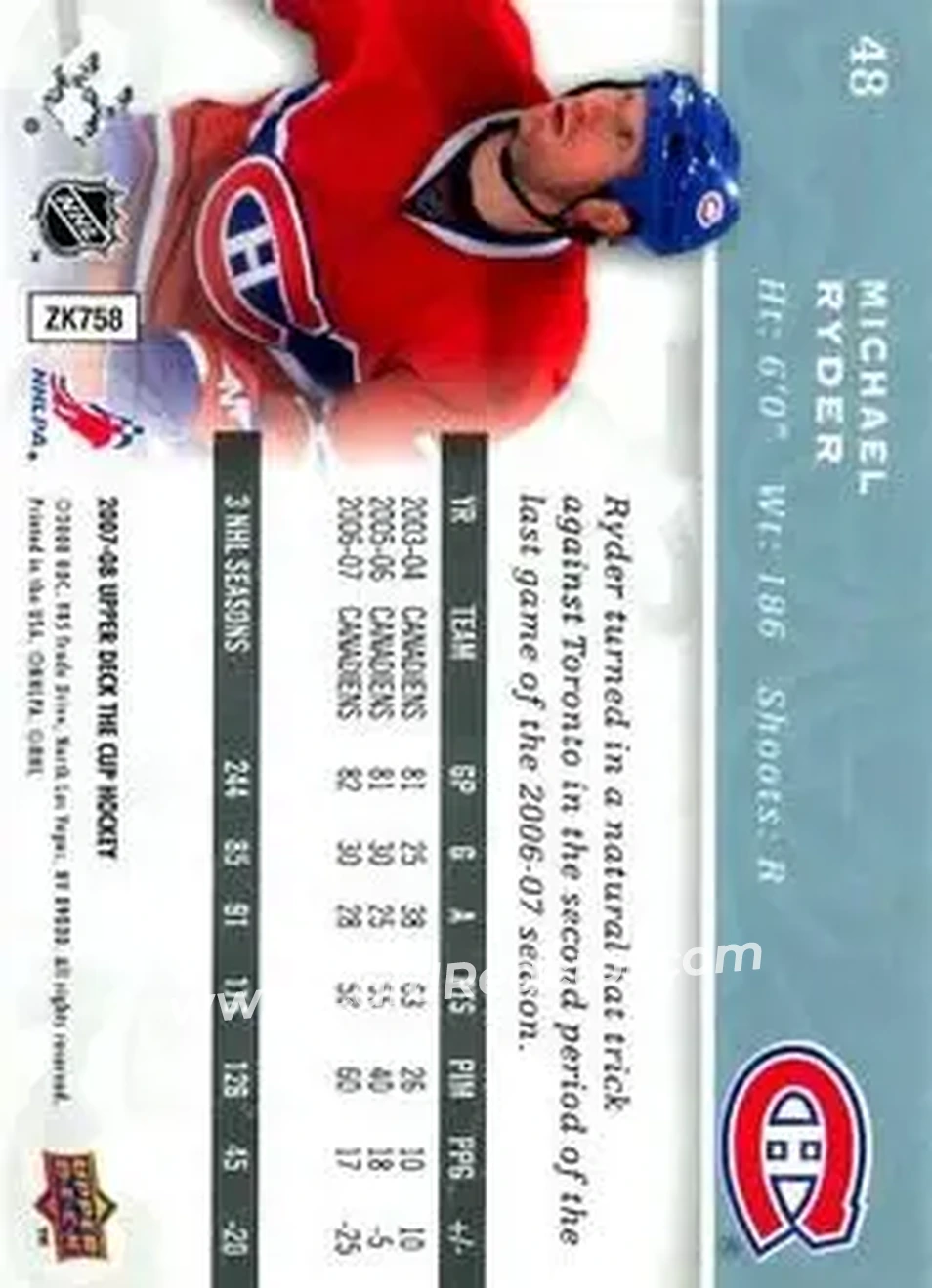 2007-08 Upper Deck The Cup #48 - Michael Ryder - Montreal Canadiens - Back