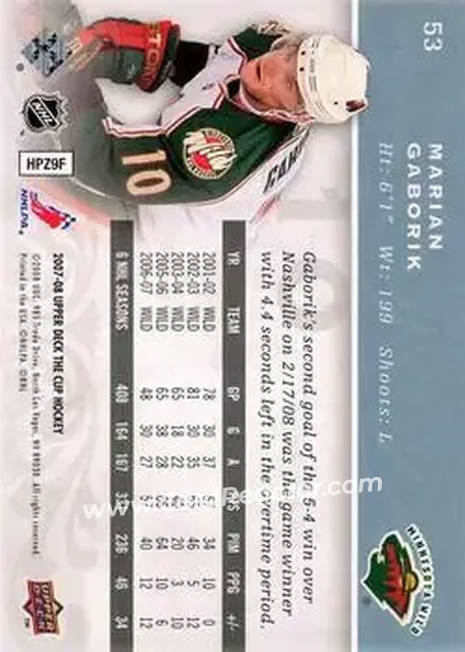 2007-08 Upper Deck The Cup #53 - Marian Gaborik - Minnesota Wild - Back