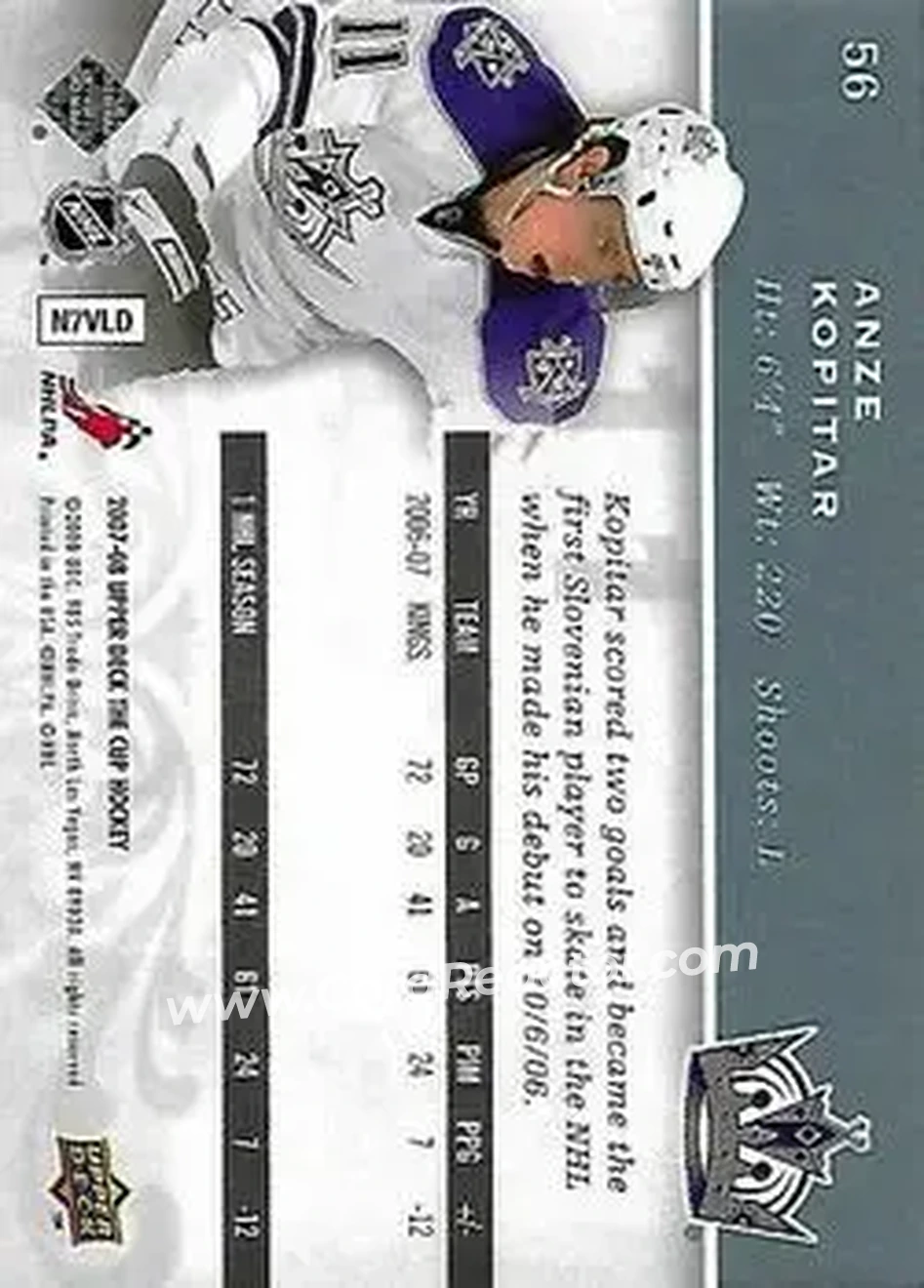 2007-08 Upper Deck The Cup #56 - Anze Kopitar - Los Angeles Kings - Back