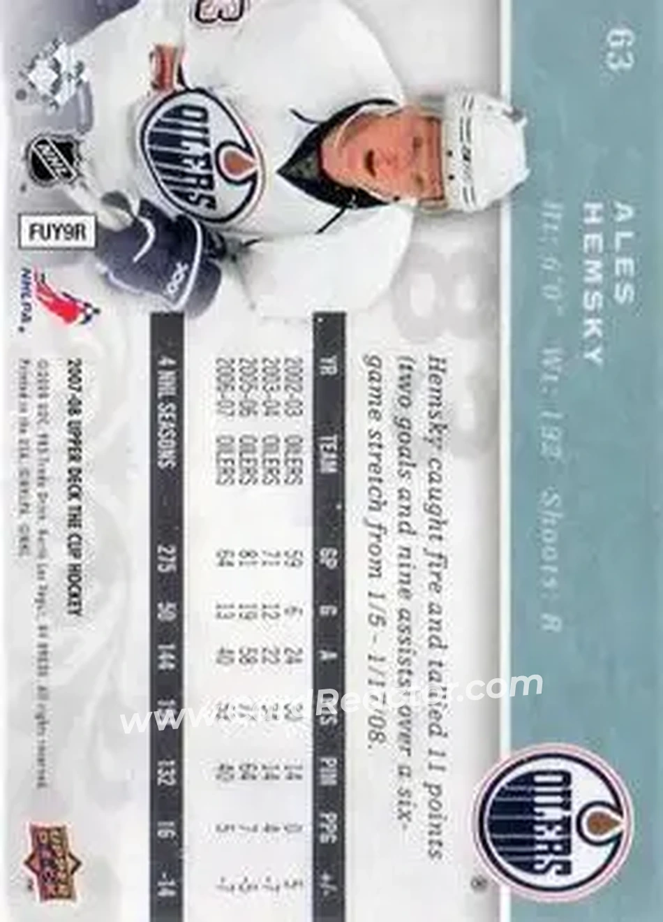 2007-08 Upper Deck The Cup #63 - Ales Hemsky - Edmonton Oilers - Back 2007-08 Upper Deck The Cup #63 - Ales Hemsky - Edmonton Oilers - Back